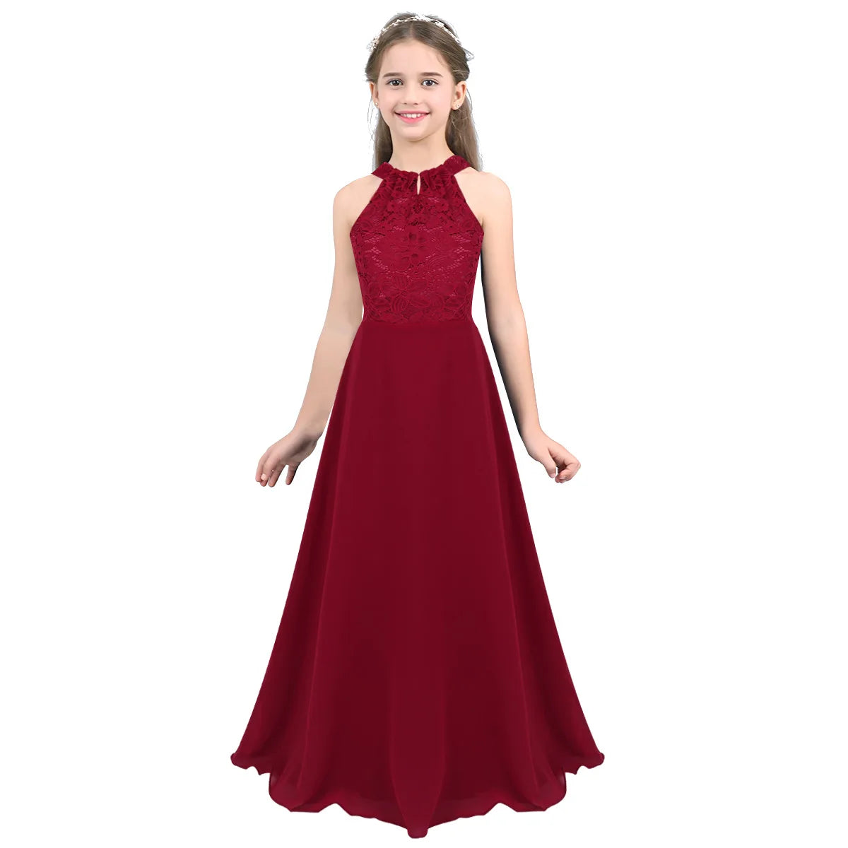 Elegant Halter Neck Floral Lace Princess Girls Dress