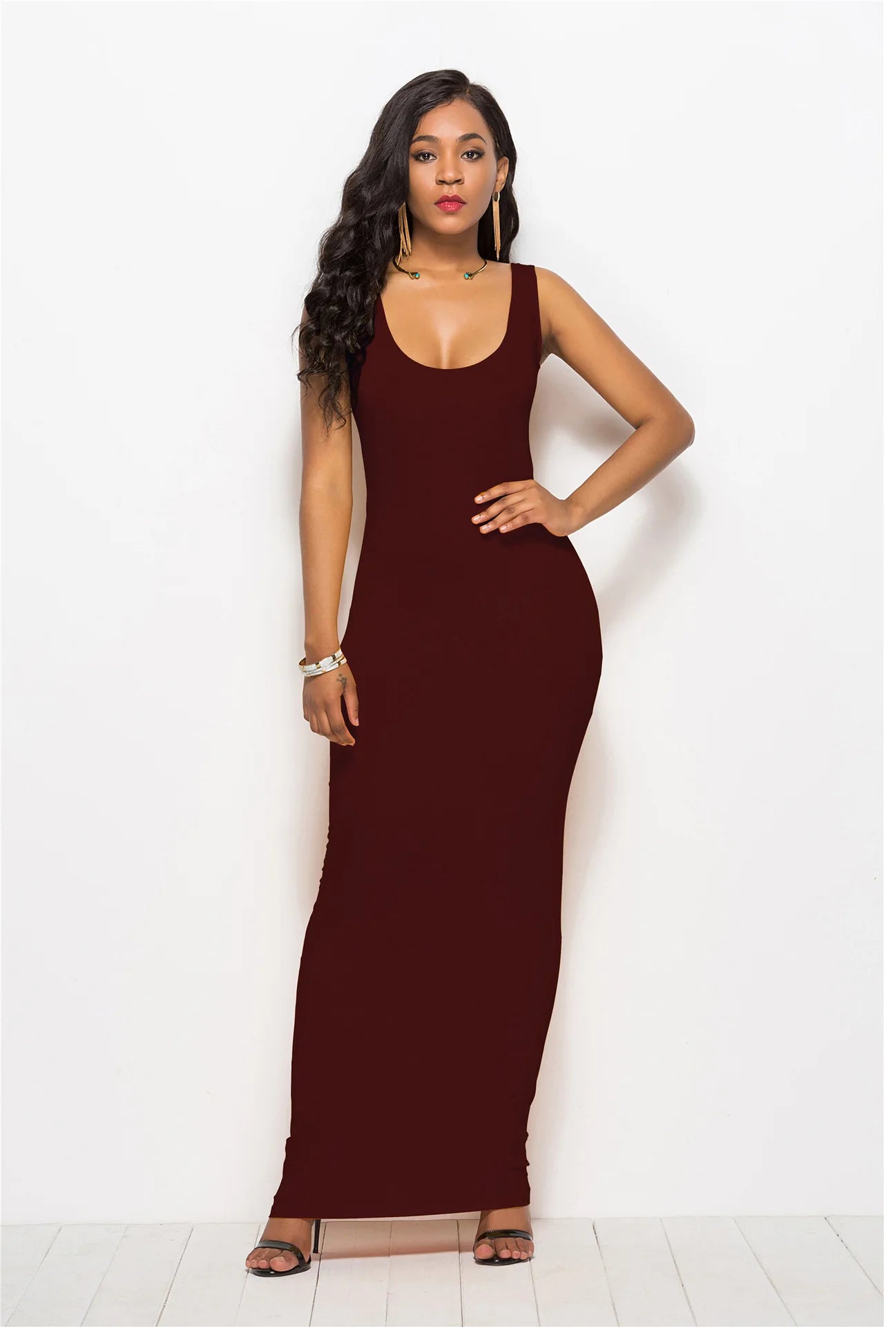 Elegant Women Sexy Dresses O-Neck Sleeveless Slim Maxi Dress High Stretch Tank Robe 2023 Summer Thin Long Dress Vestidos Femme