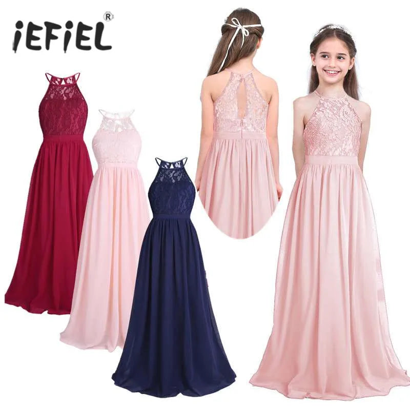 Elegant Halter Neck Floral Lace Princess Girls Dress