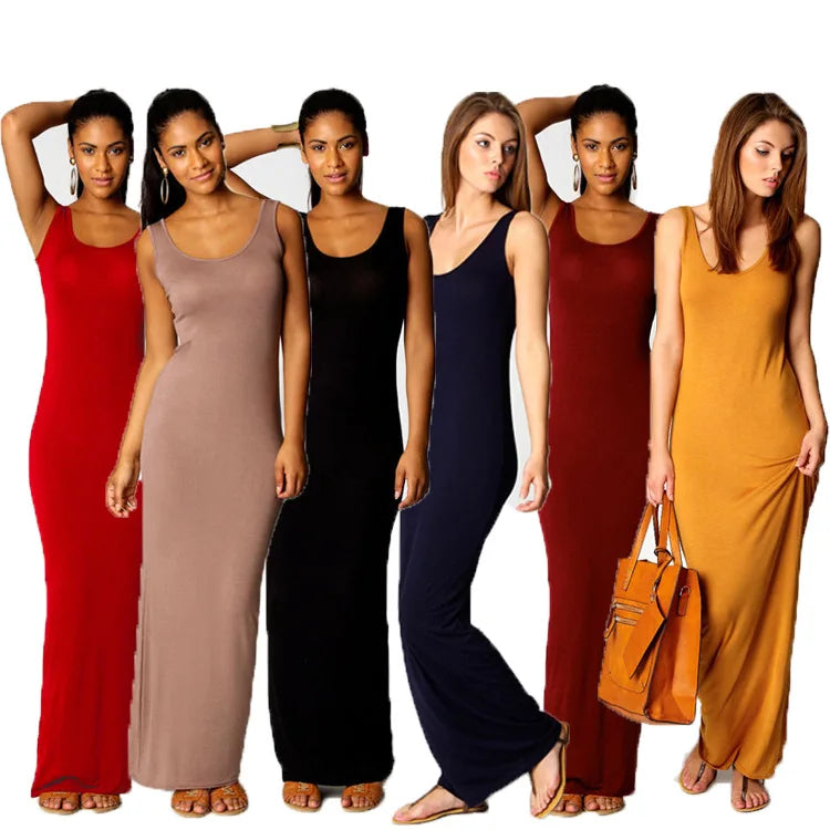 Elegant Women Sexy Dresses O-Neck Sleeveless Slim Maxi Dress High Stretch Tank Robe 2023 Summer Thin Long Dress Vestidos Femme