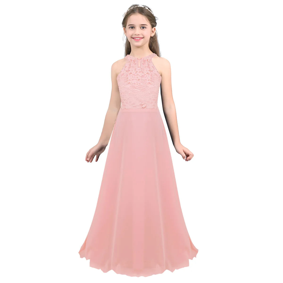 Elegant Halter Neck Floral Lace Princess Girls Dress