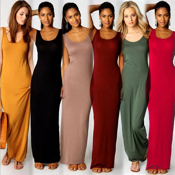 Elegant Women Sexy Dresses O-Neck Sleeveless Slim Maxi Dress High Stretch Tank Robe 2023 Summer Thin Long Dress Vestidos Femme