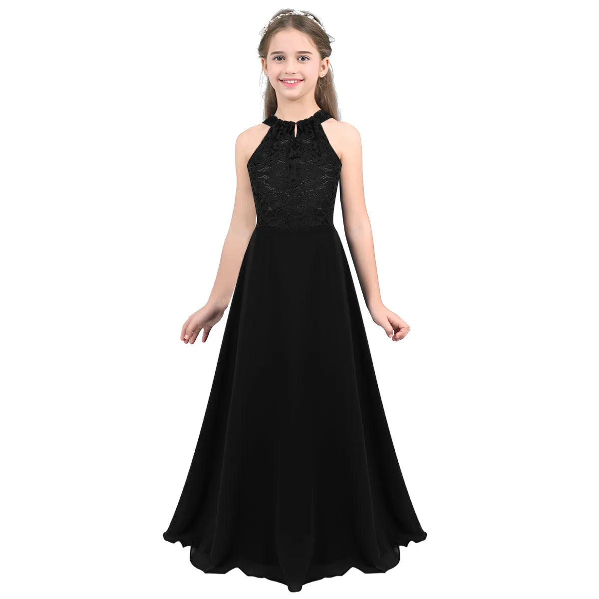 Elegant Halter Neck Floral Lace Princess Girls Dress