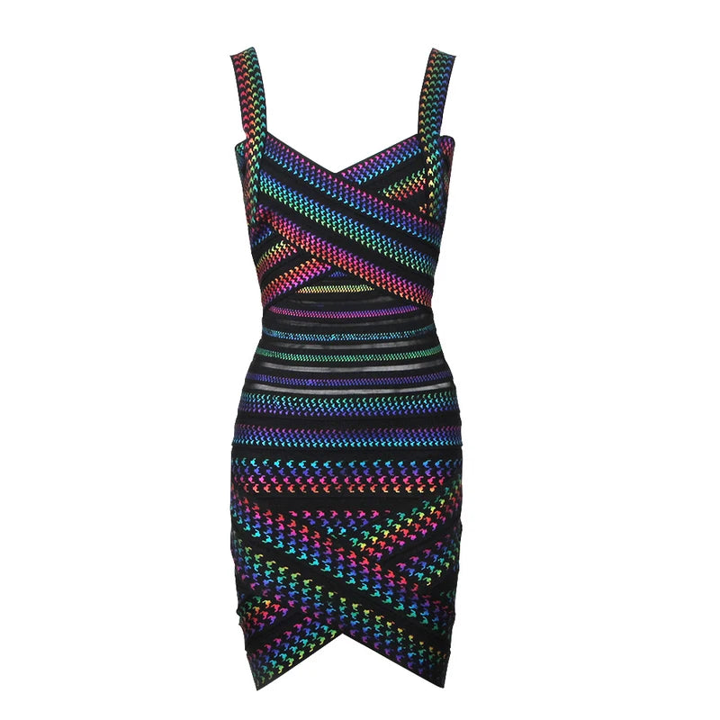 Colorful Striped Foiling Print Rayon Bandage Dress