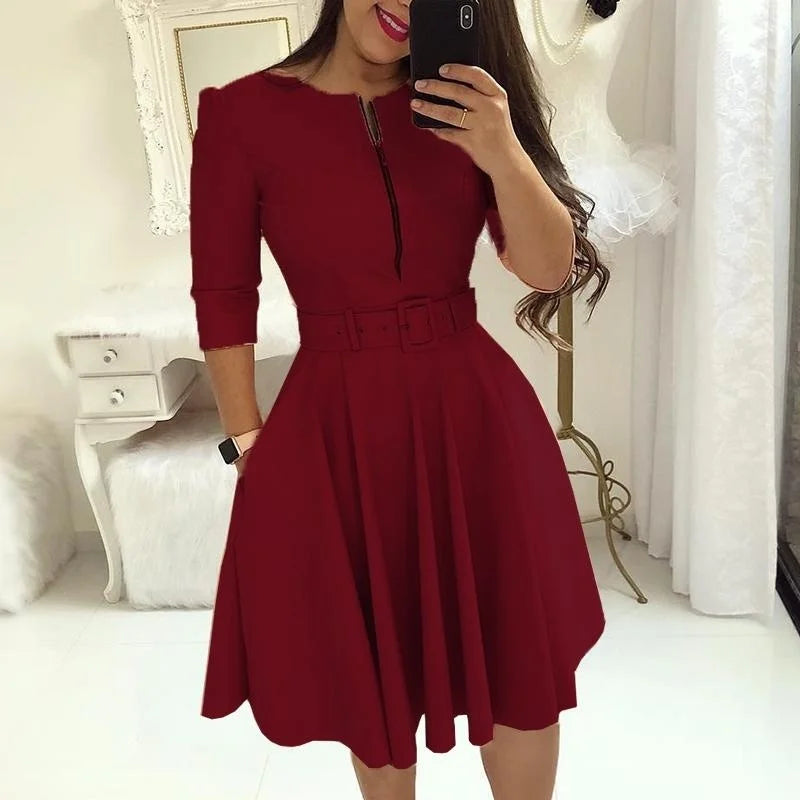 Half Sleeve  Casual Zipper Knee-length Midi Dress