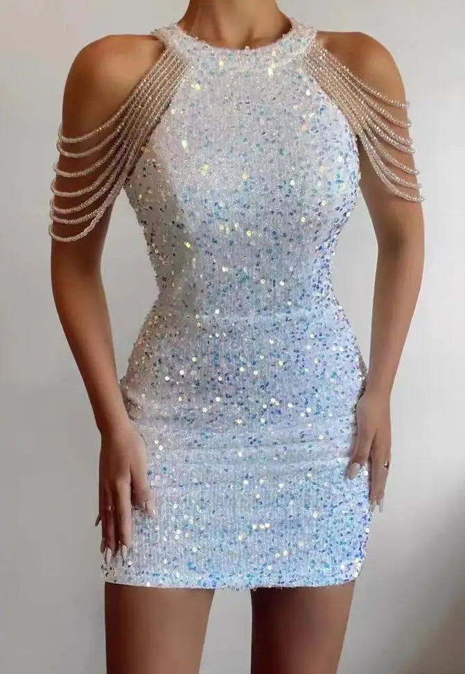 Hanging Neck Sexy Chain Wrapped Hip Sequin Dress