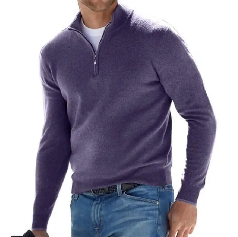 Warm Pullover Solid Color Half Zipper Casual Sweater Slim V-neck