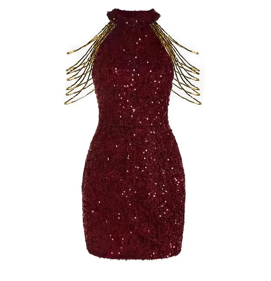 Hanging Neck Sexy Chain Wrapped Hip Sequin Dress