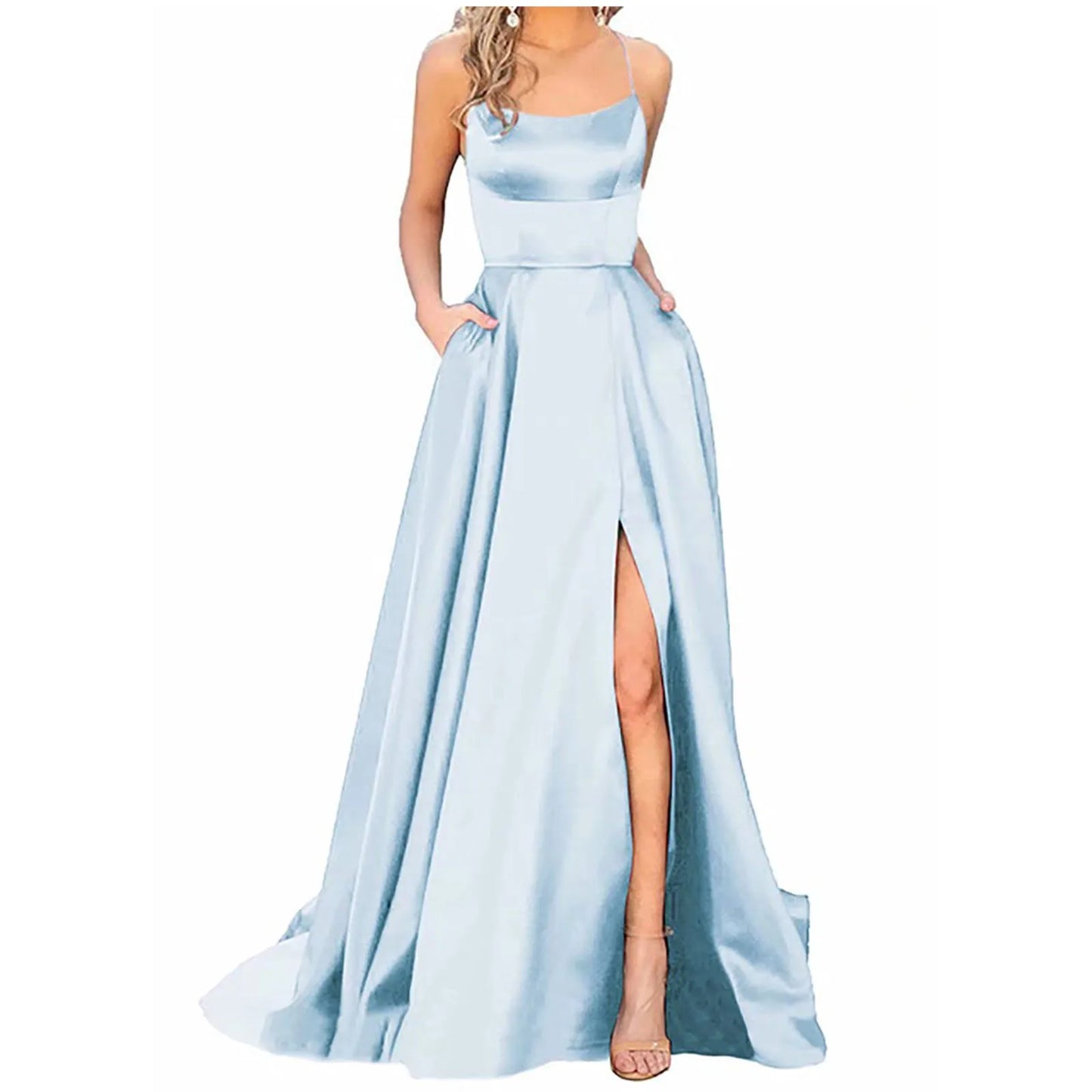 Backless Long Satin Strap Party Dress