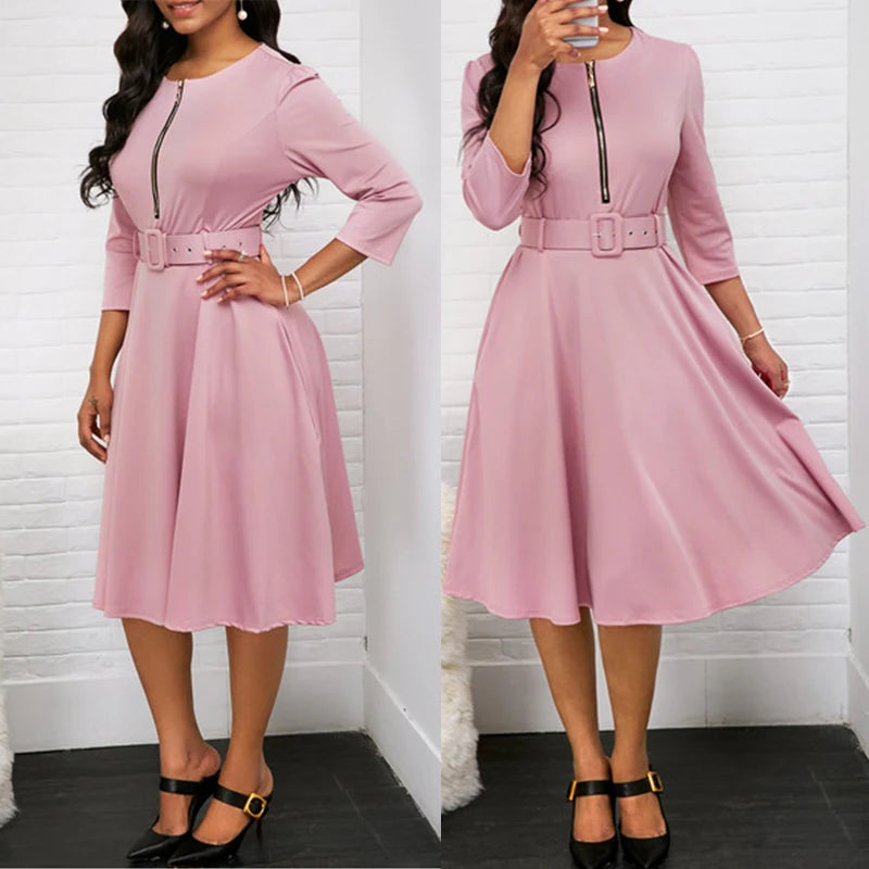 Half Sleeve  Casual Zipper Knee-length Midi Dress