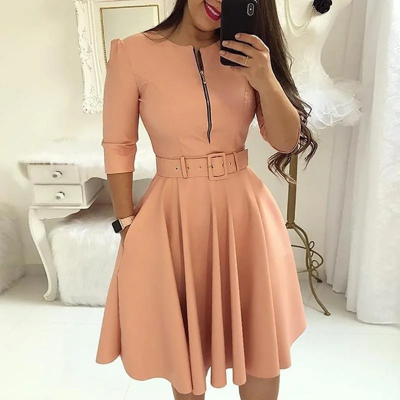 Half Sleeve  Casual Zipper Knee-length Midi Dress