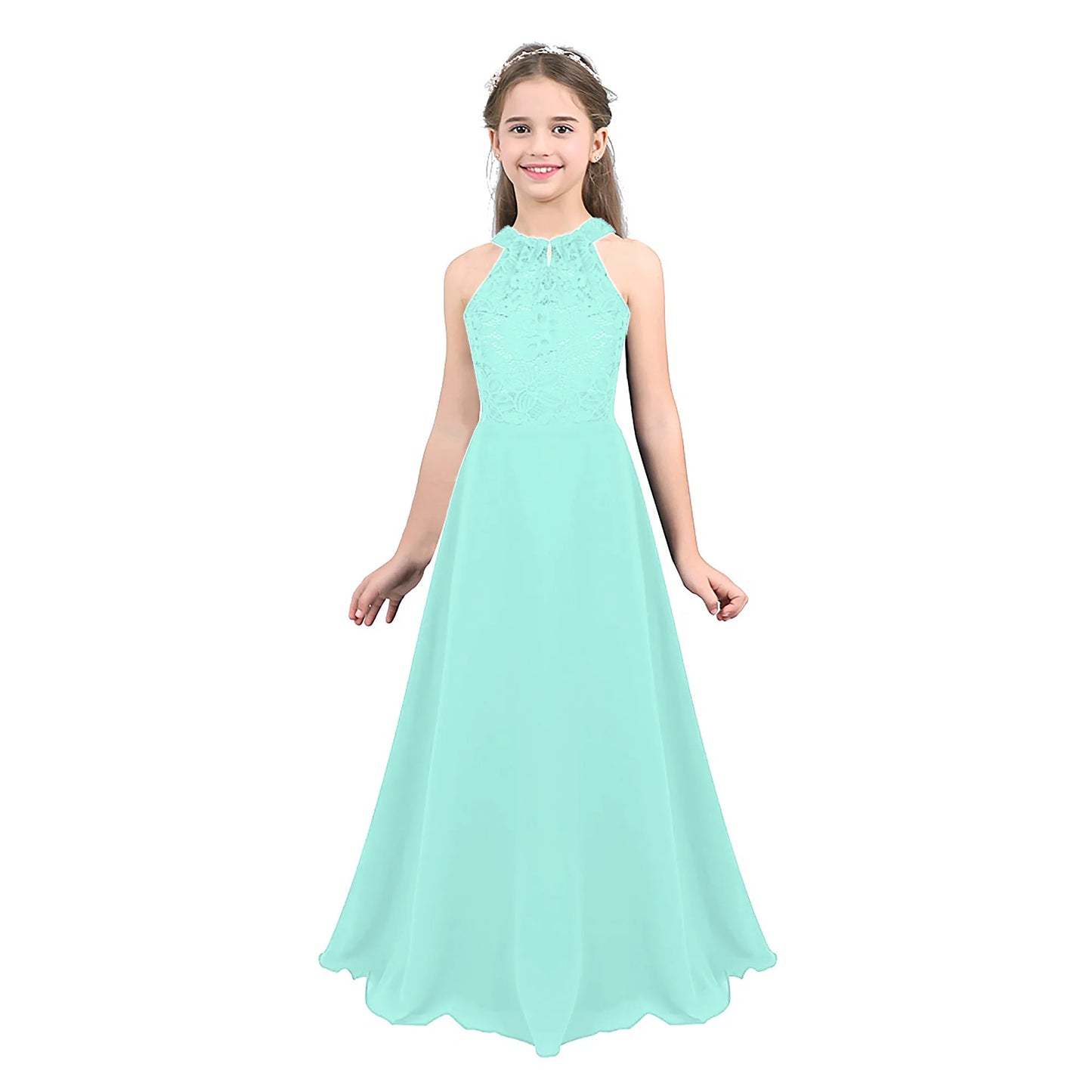 Elegant Halter Neck Floral Lace Princess Girls Dress