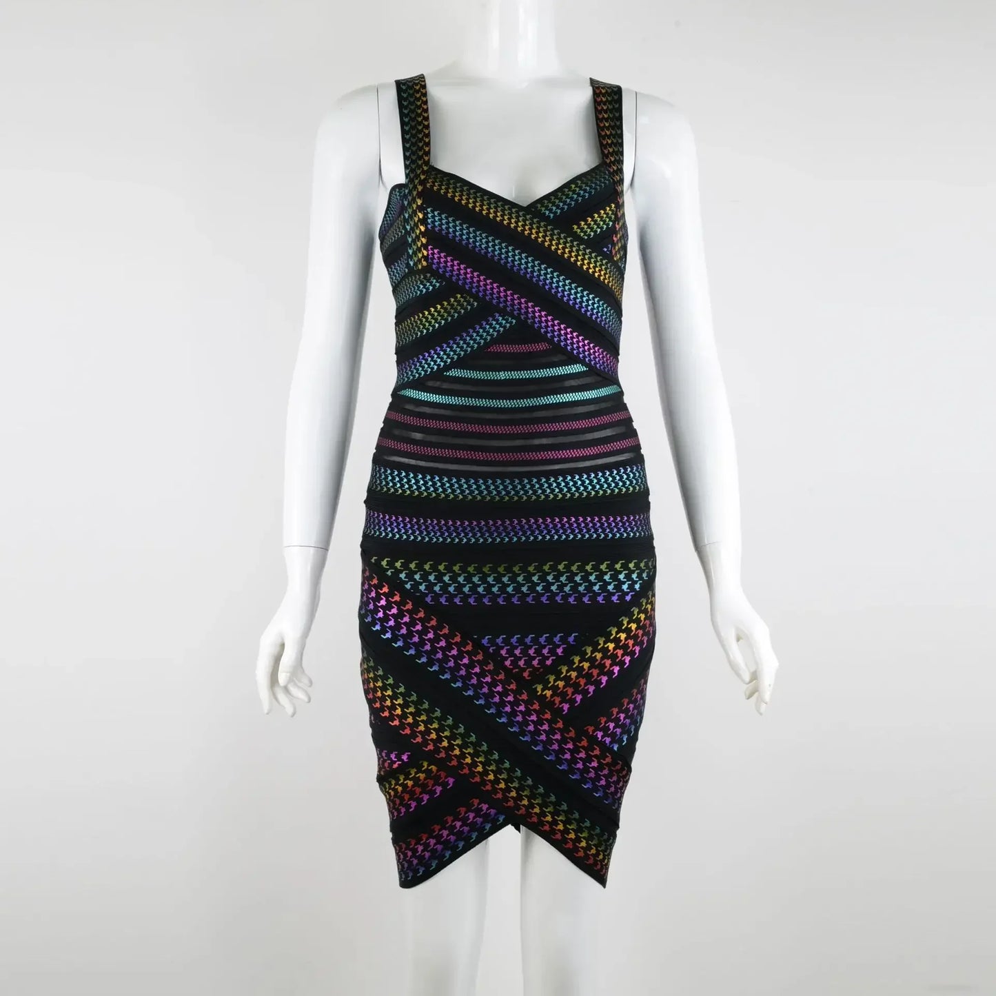 Rainbow Bandage Dress Luxury Celebrity Colorful Striped Foiling Print Rayon Cocktail Mini Skirt Bodycon Evening Party Dress