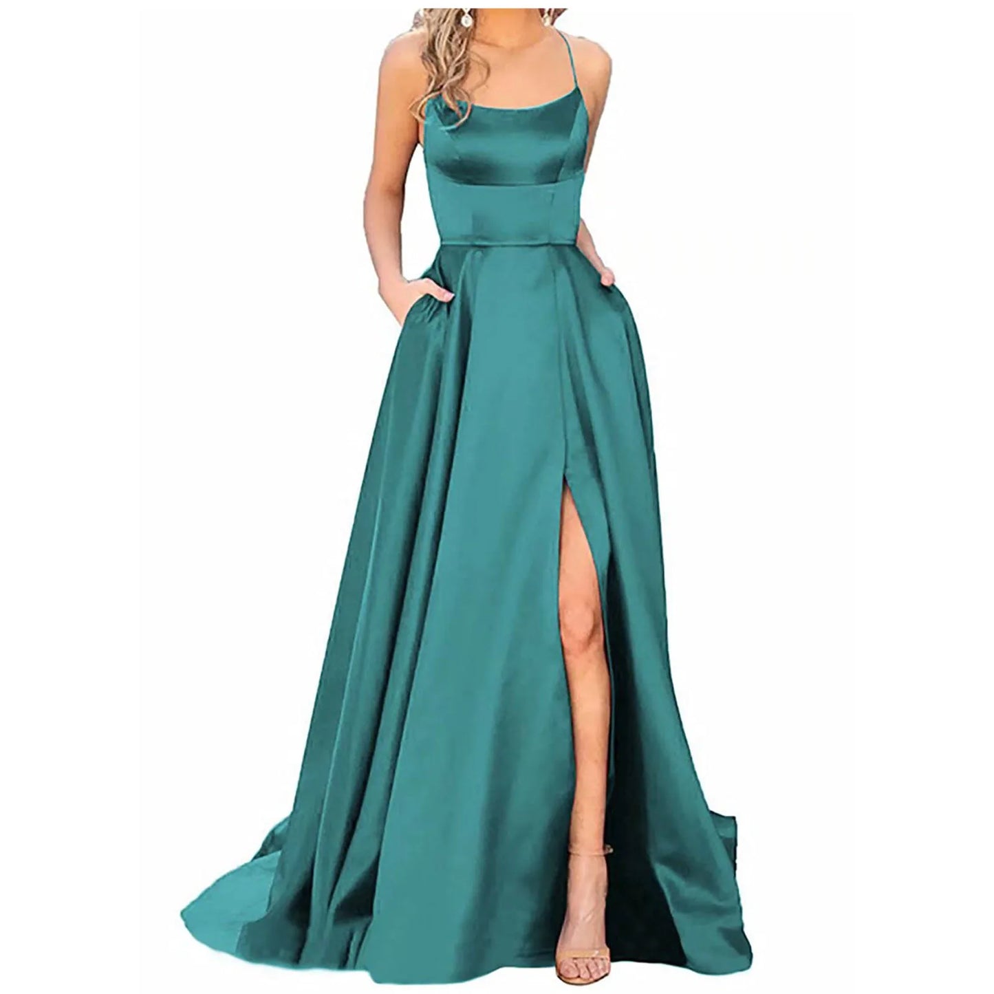 Backless Long Satin Strap Party Dress