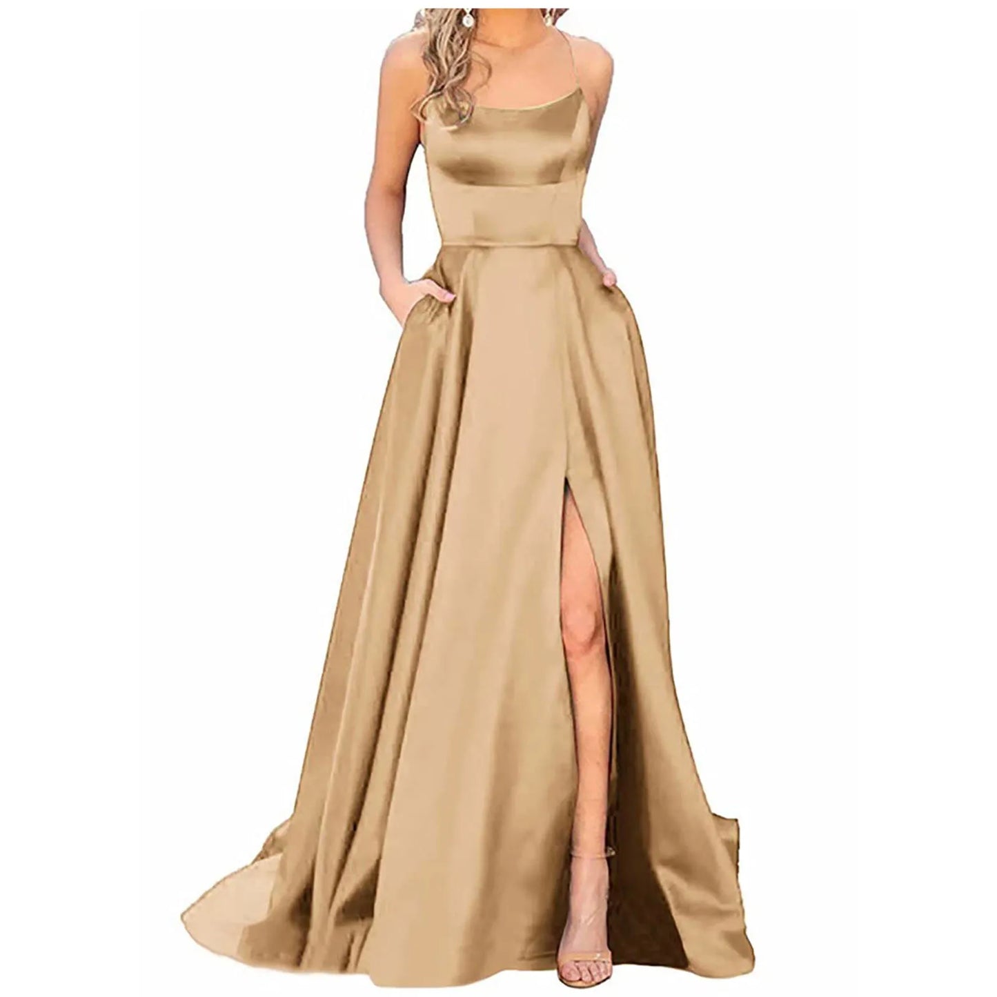 Backless Long Satin Strap Party Dress