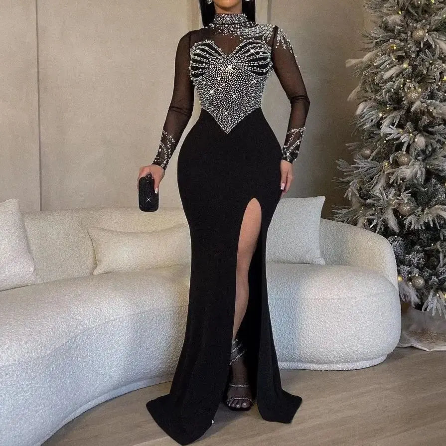 Plus Size Pearl Party Dress Female Diamond Sheer Mesh Clothing Evening Luxury Club Outfit 2024 Spring Elegant Pretty Women Dress (Copy)