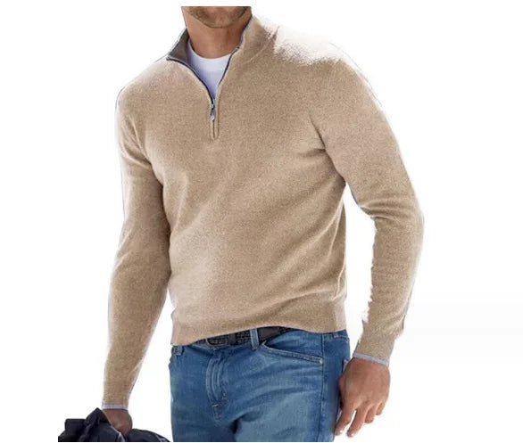 Warm Pullover Solid Color Half Zipper Casual Sweater Slim V-neck