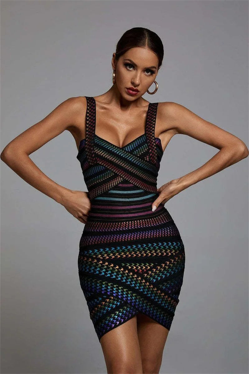 Colorful Striped Foiling Print Rayon Bandage Dress