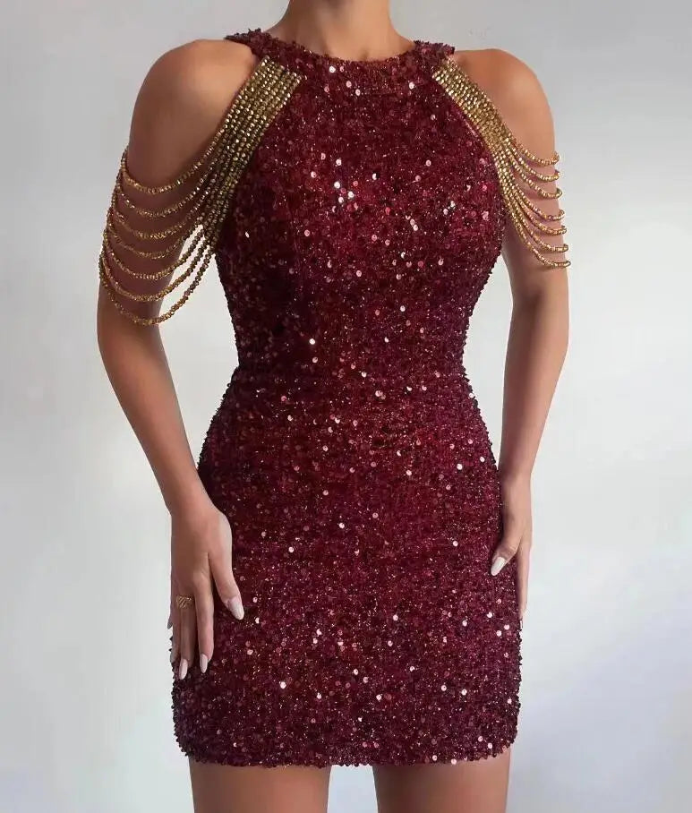 Hanging Neck Sexy Chain Wrapped Hip Sequin Dress