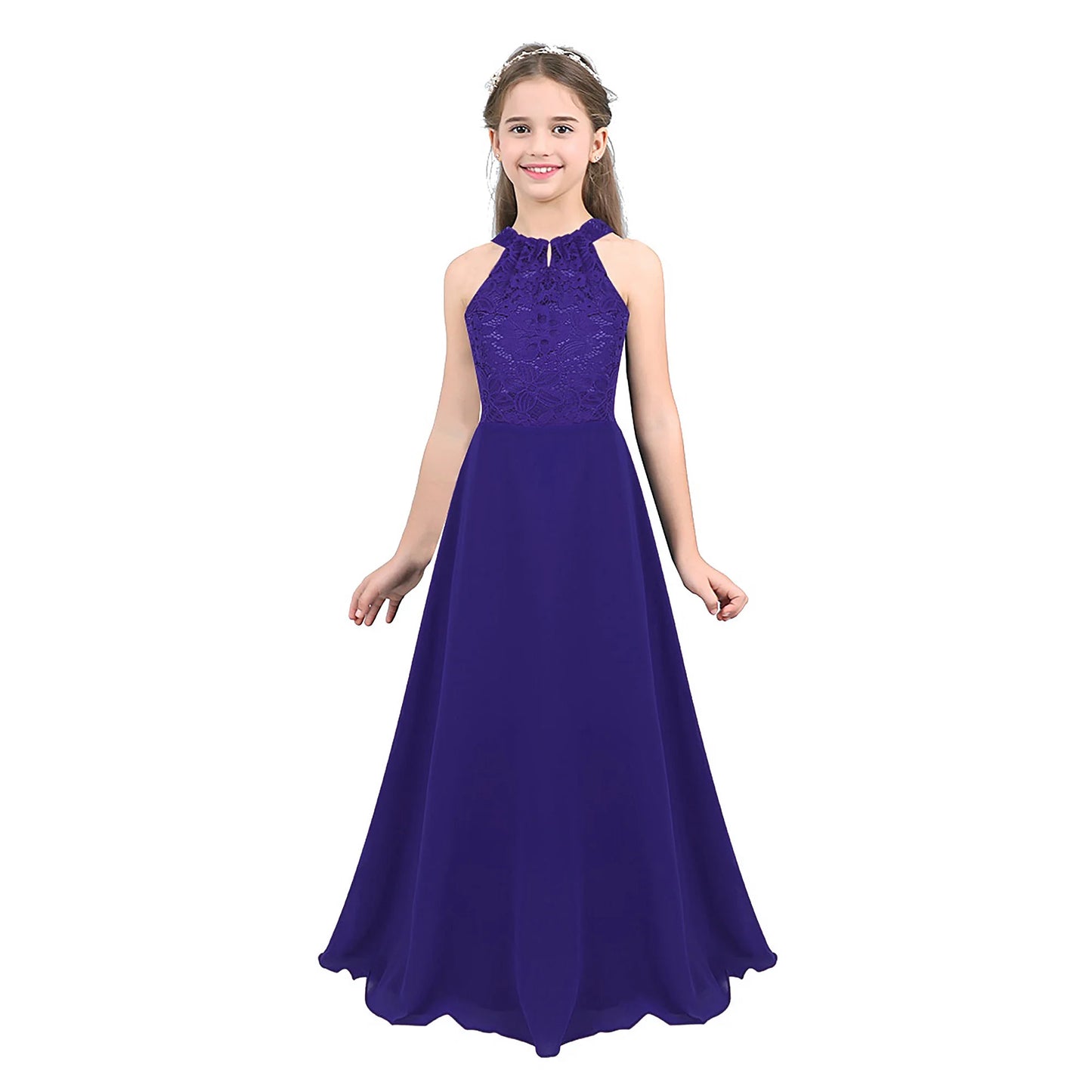 Elegant Halter Neck Floral Lace Princess Girls Dress