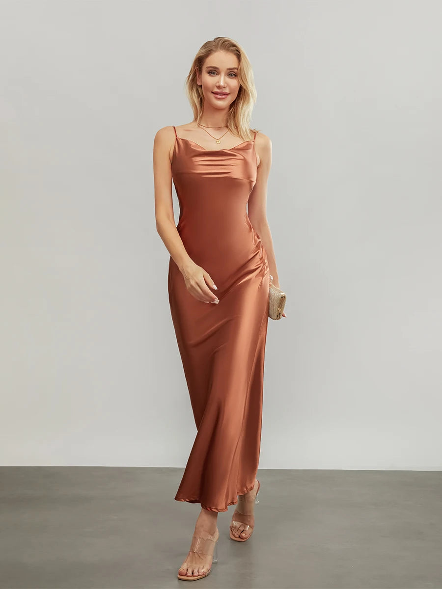 wsevypo Elegant Spaghetti Straps Satin Long Dress