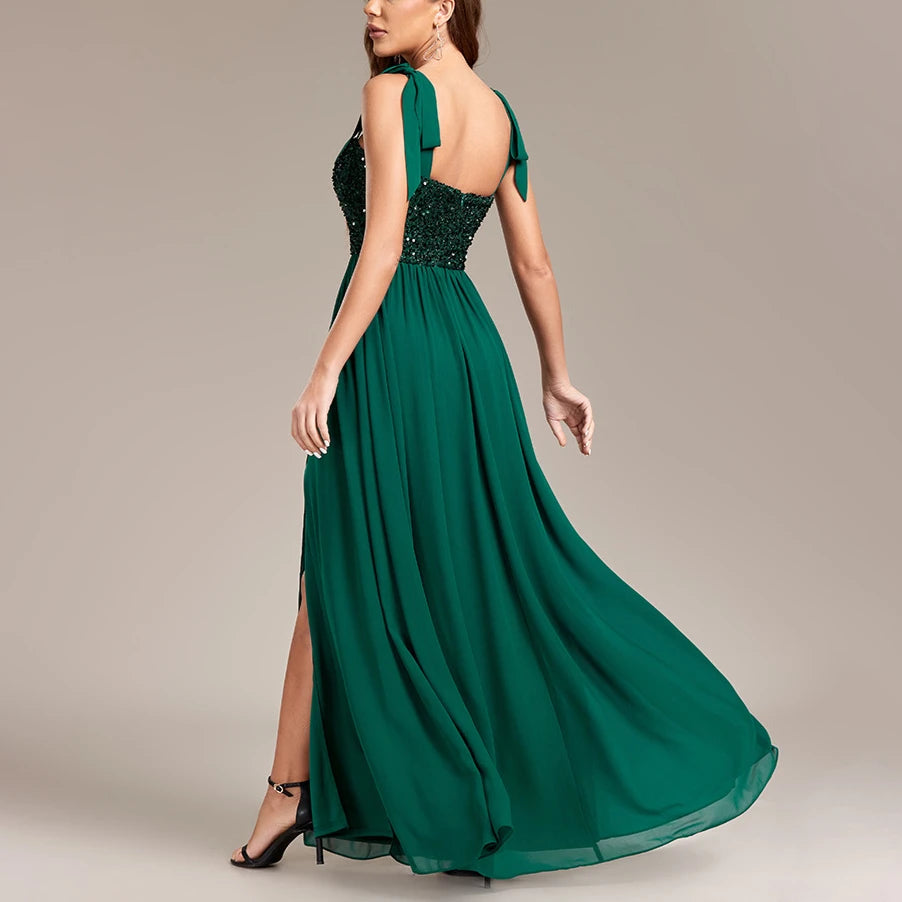 Green High Waist Slit Graduation Dress