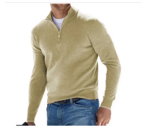 Warm Pullover Solid Color Half Zipper Casual Sweater Slim V-neck