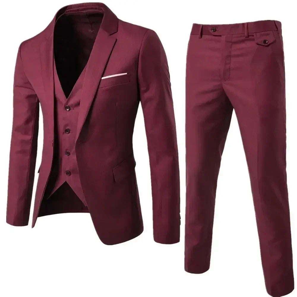 3 Pcs Black Elegant Suits+Pants Brand Slim Fit Single Button Men suit