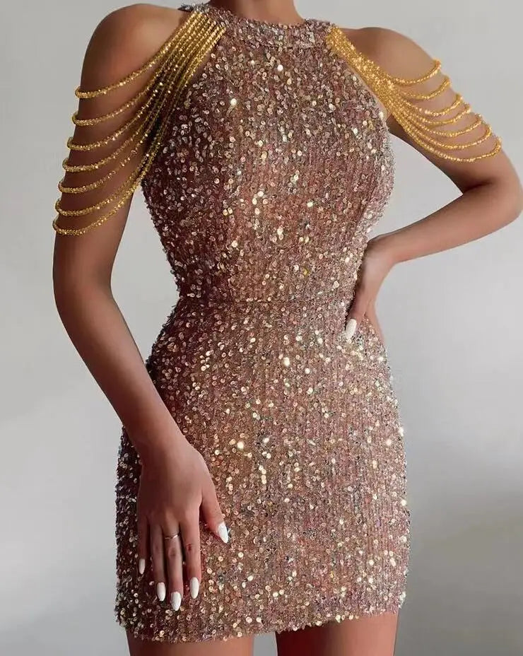 Hanging Neck Sexy Chain Wrapped Hip Sequin Dress