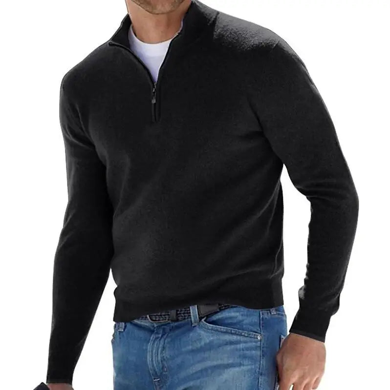 Warm Pullover Solid Color Half Zipper Casual Sweater Slim V-neck