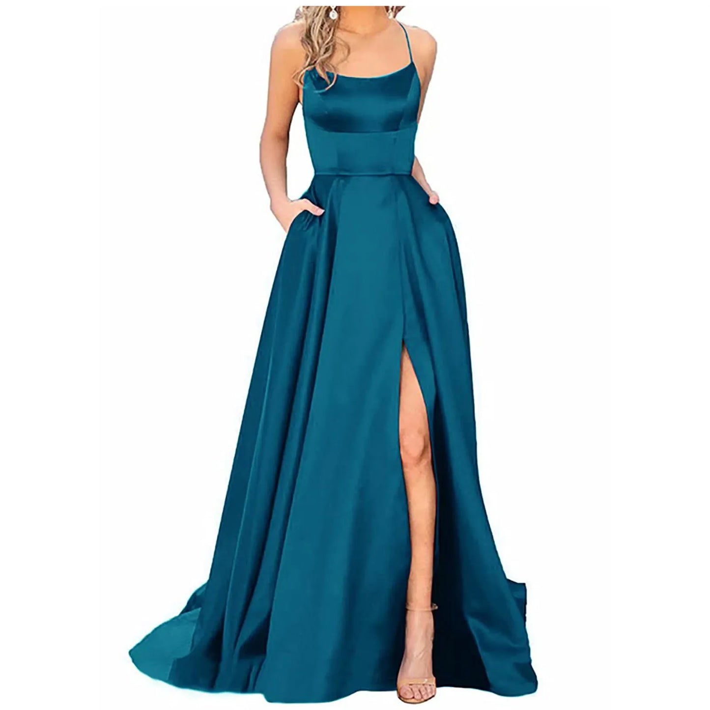 Backless Long Satin Strap Party Dress