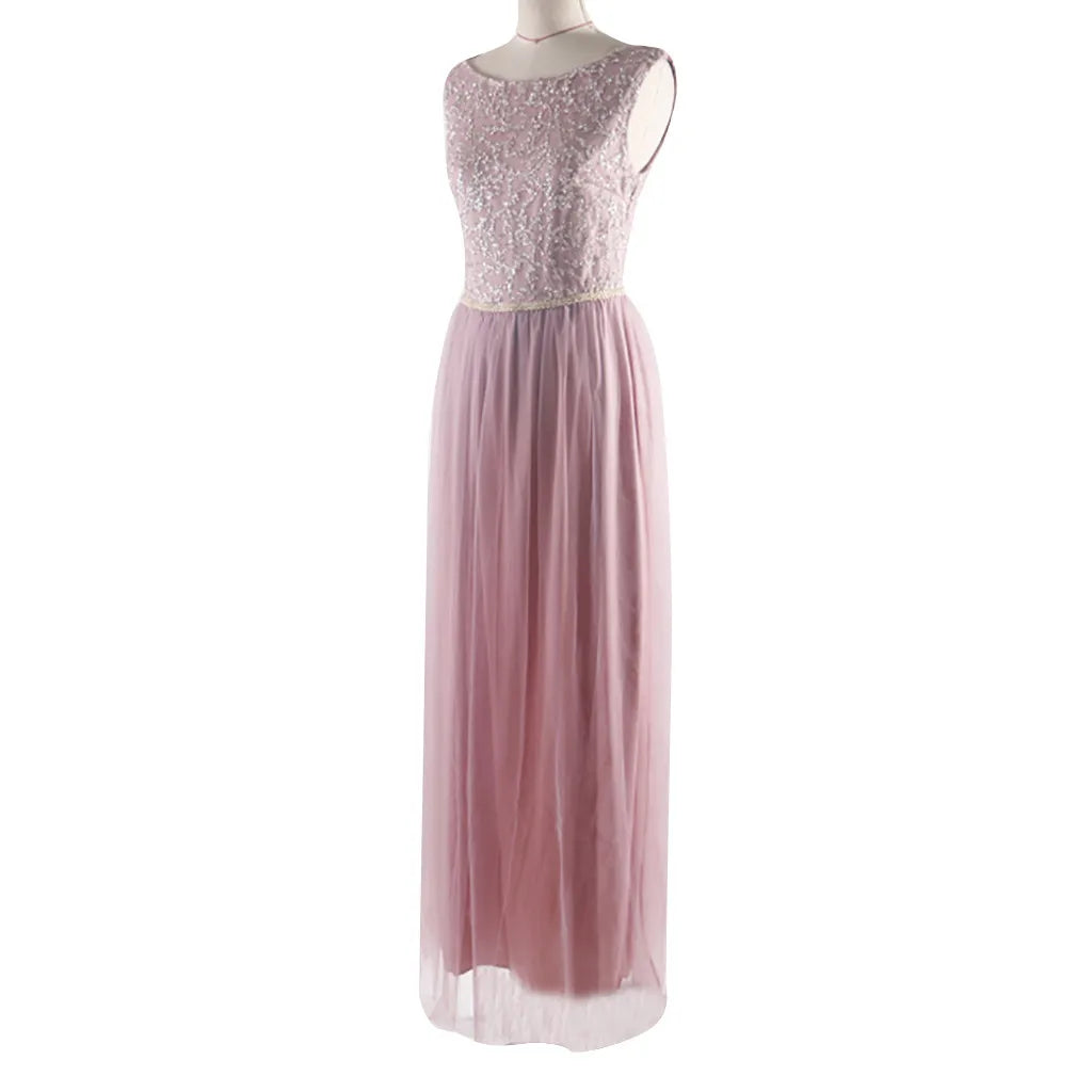 Elegant Shoulder Gauzy pink lace up bridesmaid dress