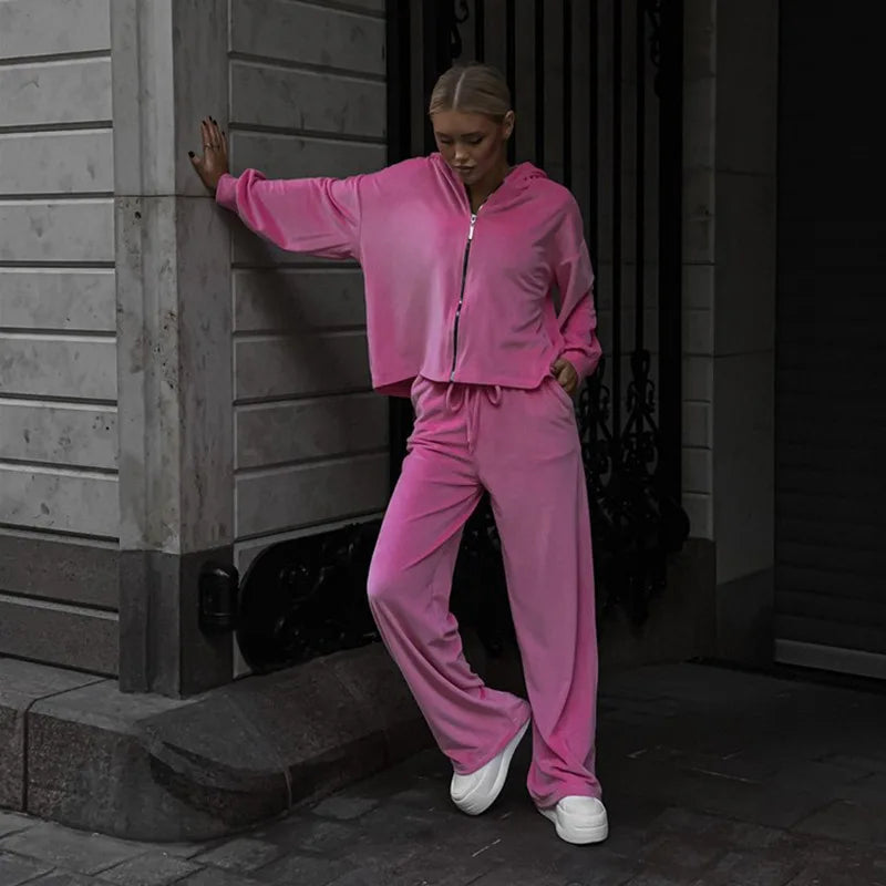 Solid Color Zipper Sweat Jacket + Wide Leg Pants Sport Outfit For Woman