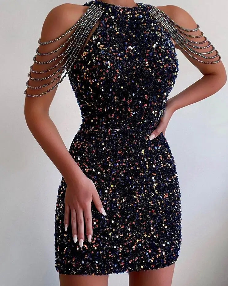 Hanging Neck Sexy Chain Wrapped Hip Sequin Dress