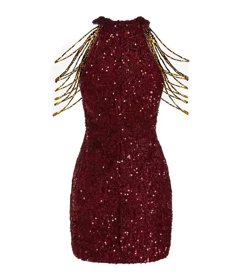 Hanging Neck Sexy Chain Wrapped Hip Sequin Dress