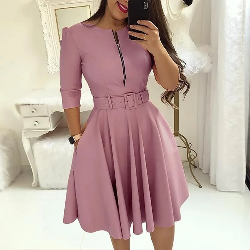 Half Sleeve  Casual Zipper Knee-length Midi Dress