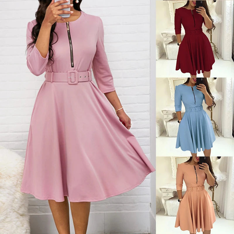 Half Sleeve  Casual Zipper Knee-length Midi Dress