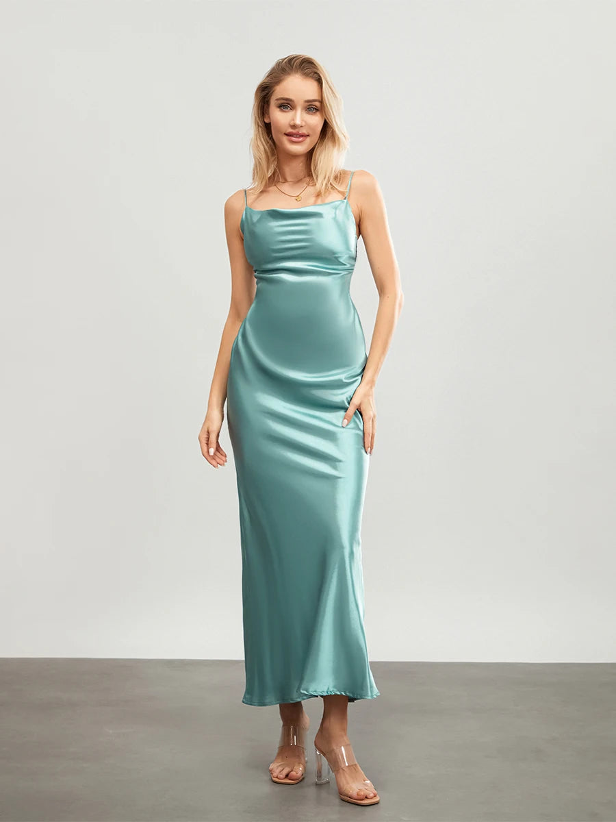 wsevypo Elegant Spaghetti Straps Satin Long Dress