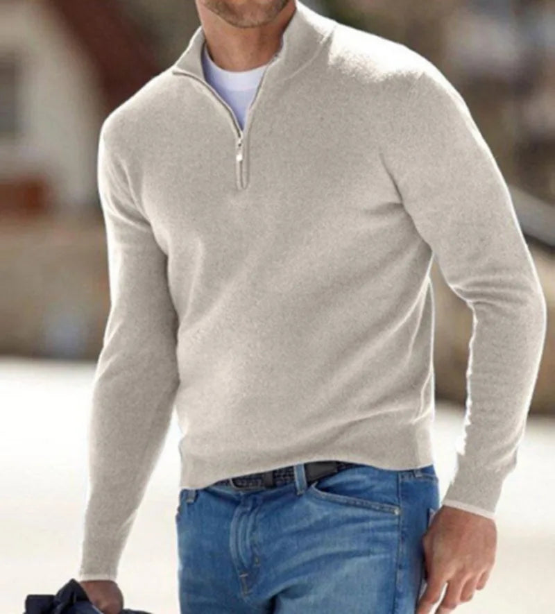 Warm Pullover Solid Color Half Zipper Casual Sweater Slim V-neck