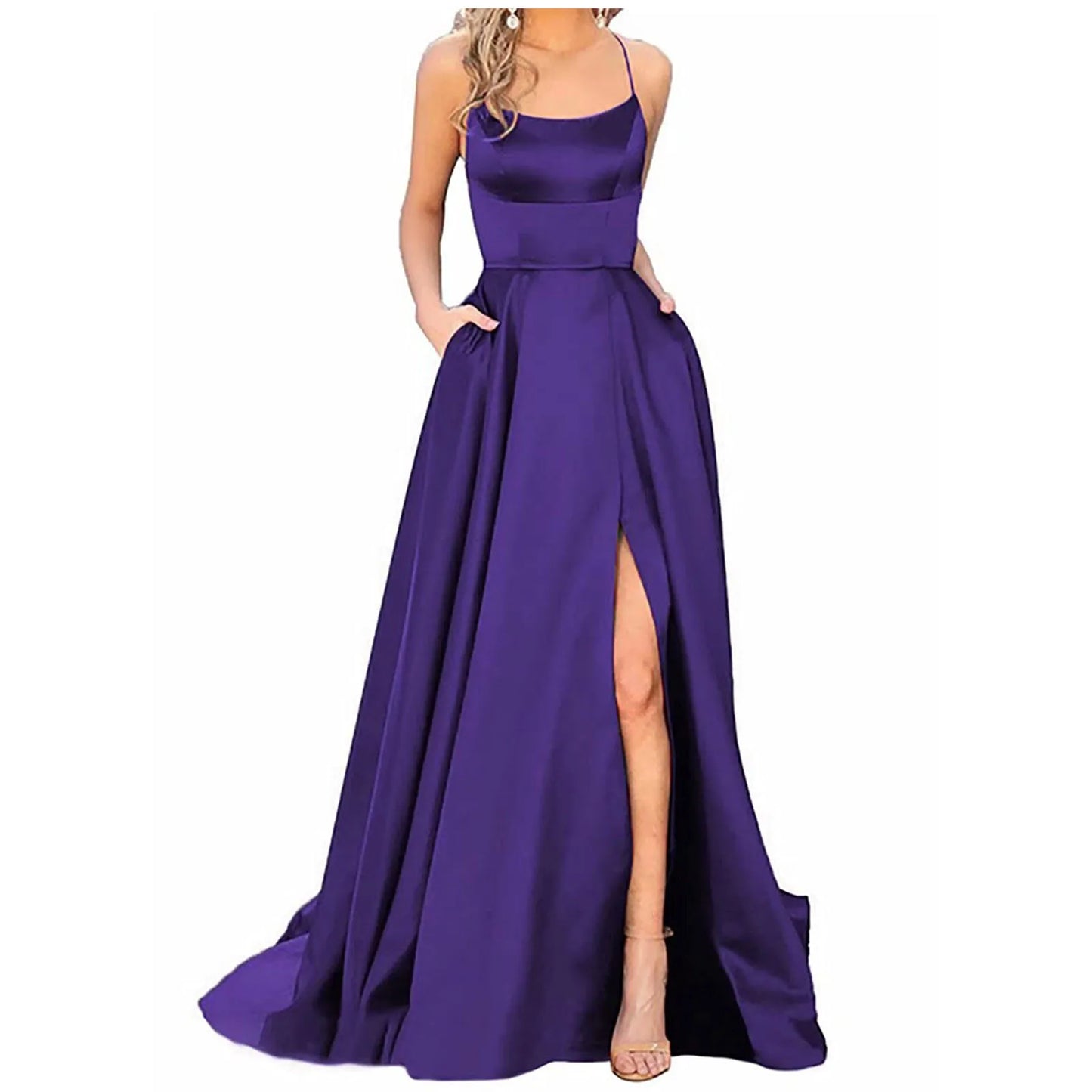 Backless Long Satin Strap Party Dress