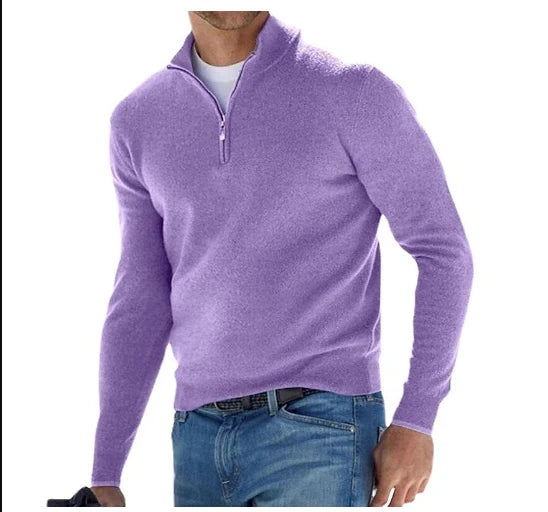 Warm Pullover Solid Color Half Zipper Casual Sweater Slim V-neck