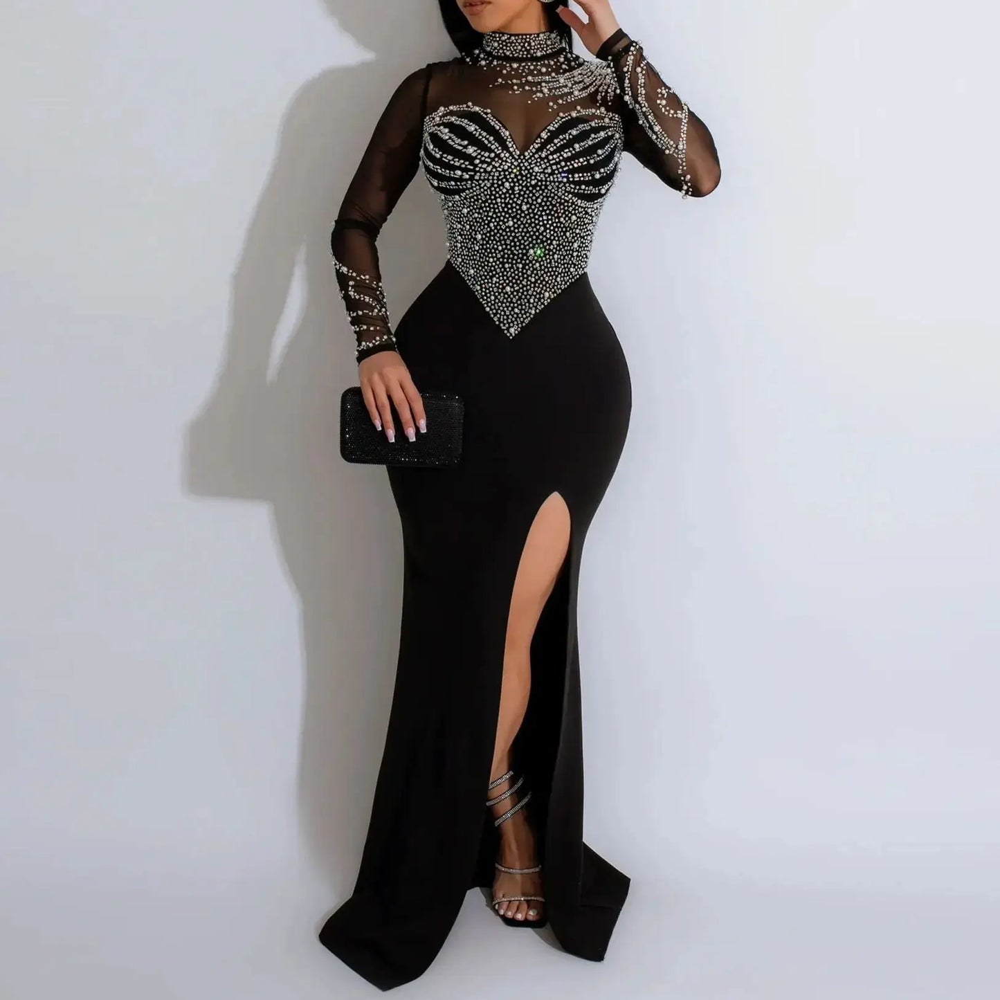 Plus Size Pearl Party Dress Female Diamond Sheer Mesh Clothing Evening Luxury Club Outfit 2024 Spring Elegant Pretty Women Dress (Copy)