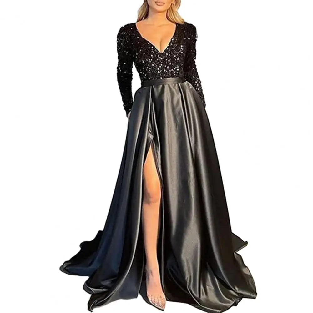 Women Evening Dress V Neck Sequin