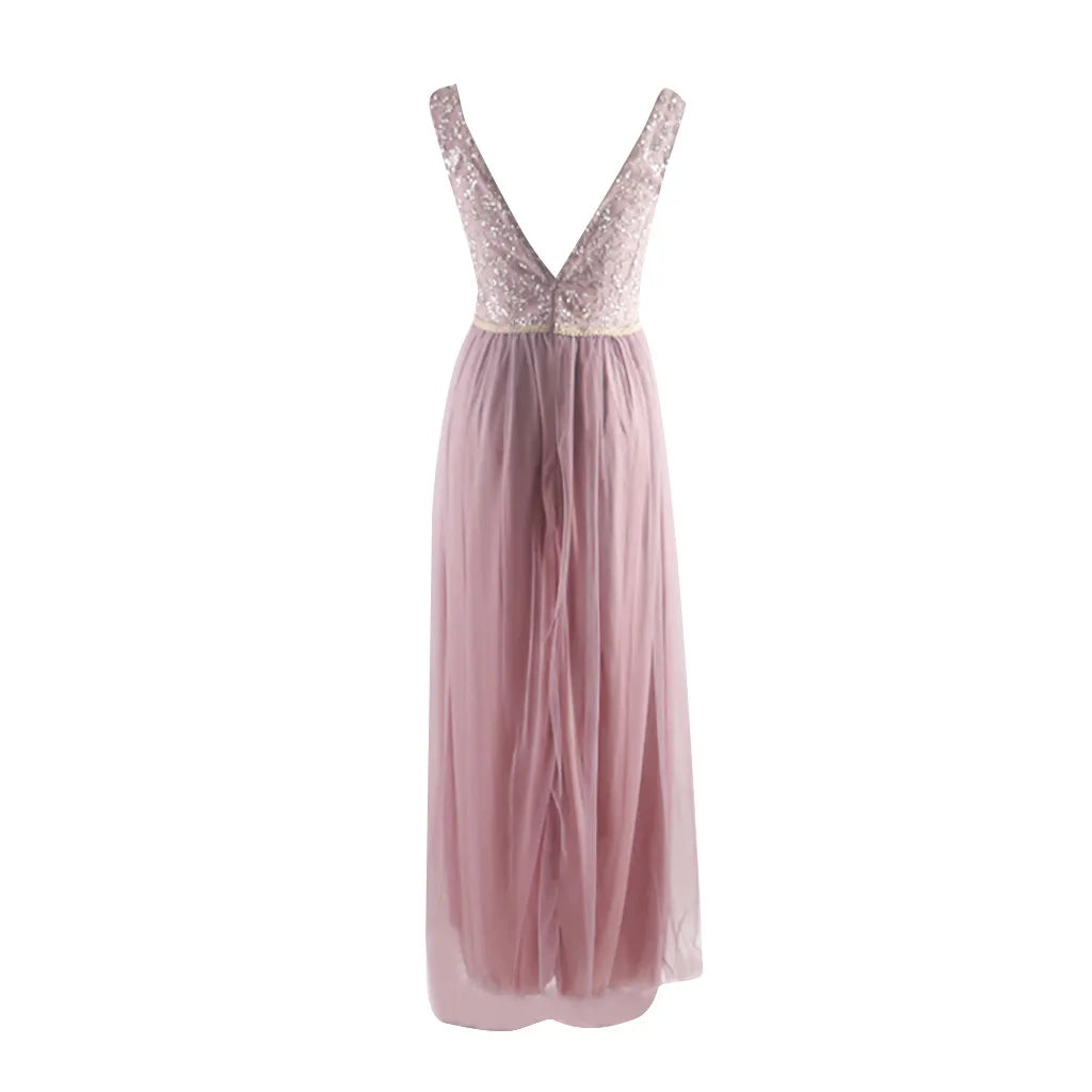 Elegant Shoulder Gauzy pink lace up bridesmaid dress