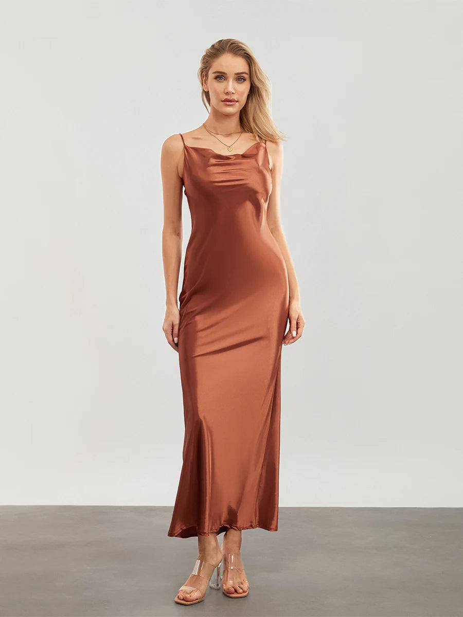 wsevypo Elegant Spaghetti Straps Satin Long Dress