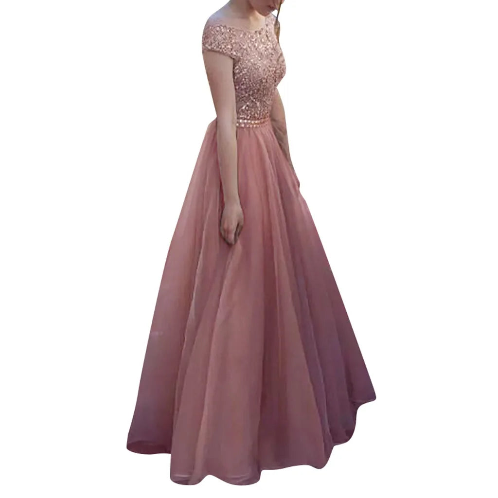 Elegant Shoulder Gauzy pink lace up bridesmaid dress