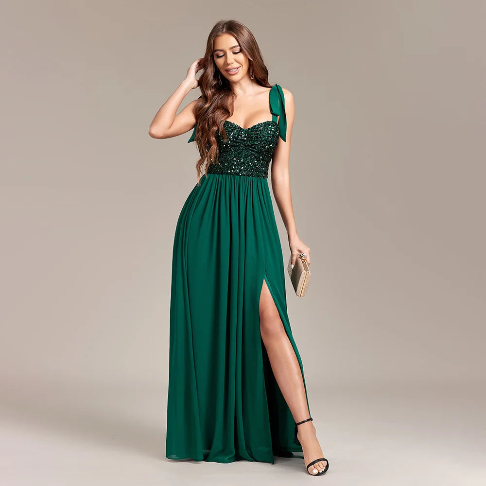 Green High Waist Slit Graduation Dress