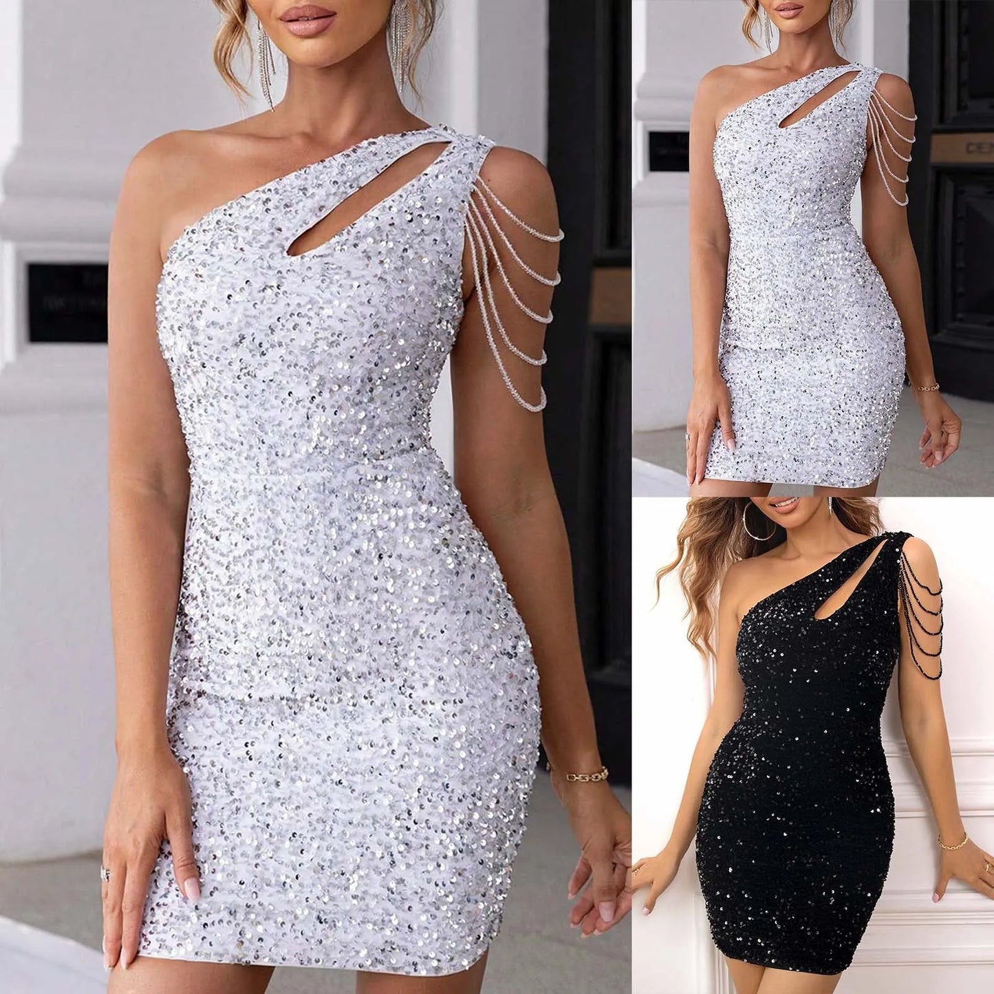 Ladies Inclined Shoulder Mini  Sequined Dress