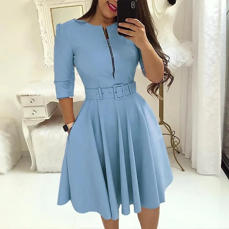 Half Sleeve  Casual Zipper Knee-length Midi Dress