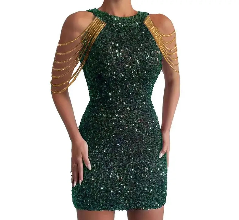 Hanging Neck Sexy Chain Wrapped Hip Sequin Dress